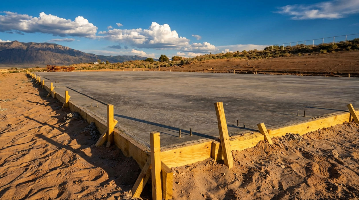 Freshly poured concrete slab foundation in Rio Rancho, NM